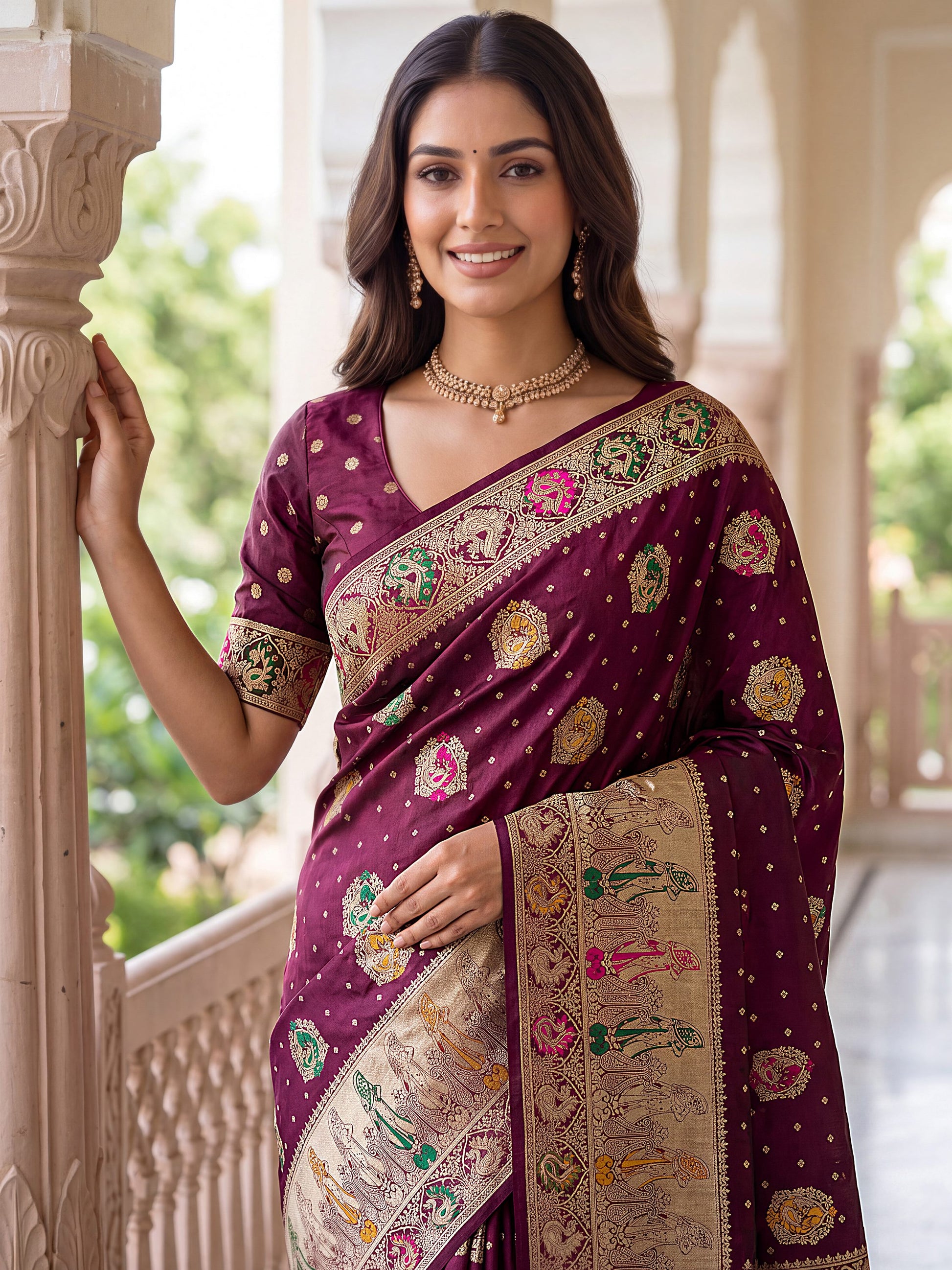 Fabulous Wine Zari Weaving Silk Wedding Wear Saree With Blouse