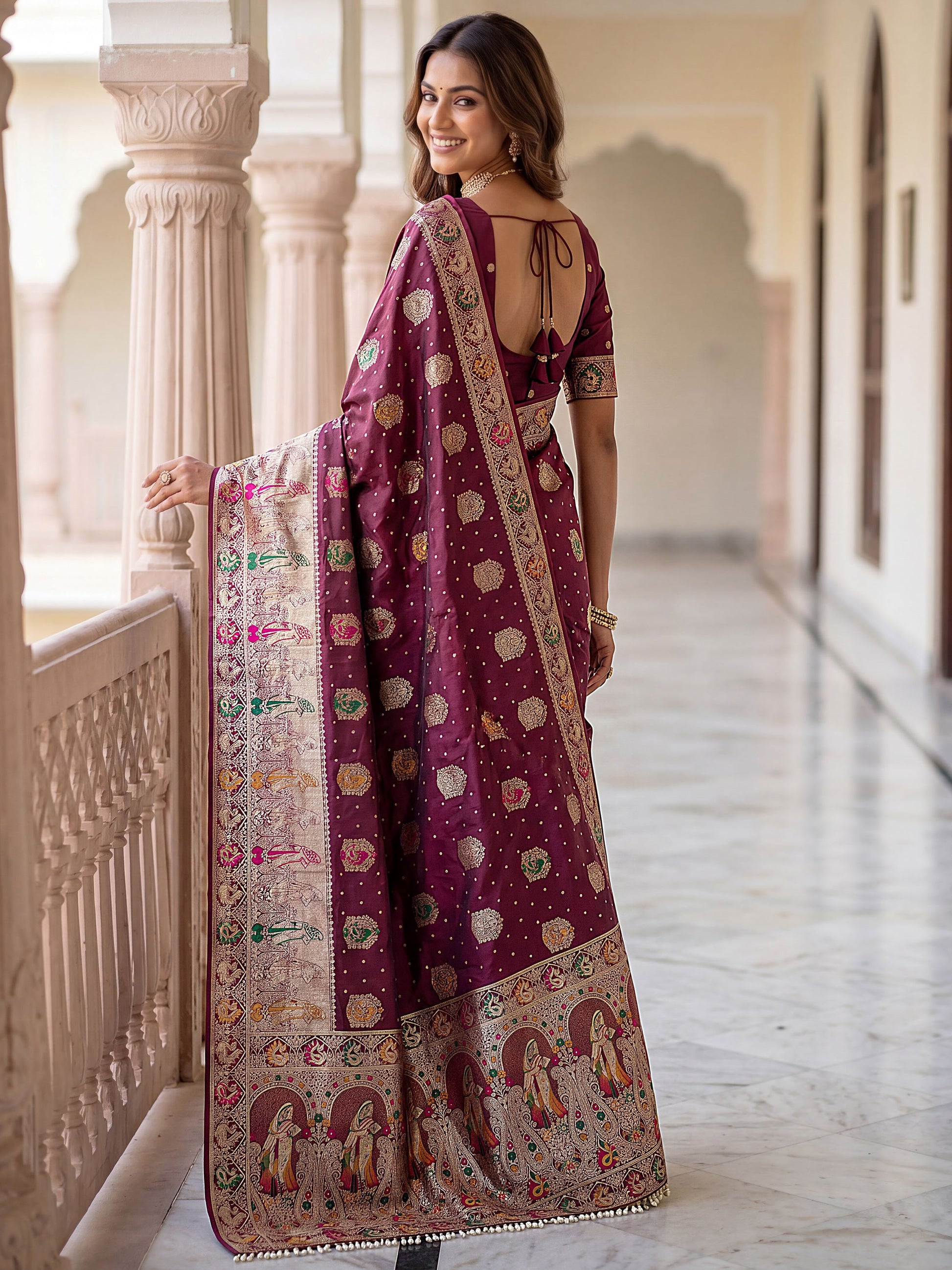 Fabulous Wine Zari Weaving Silk Wedding Wear Saree With Blouse