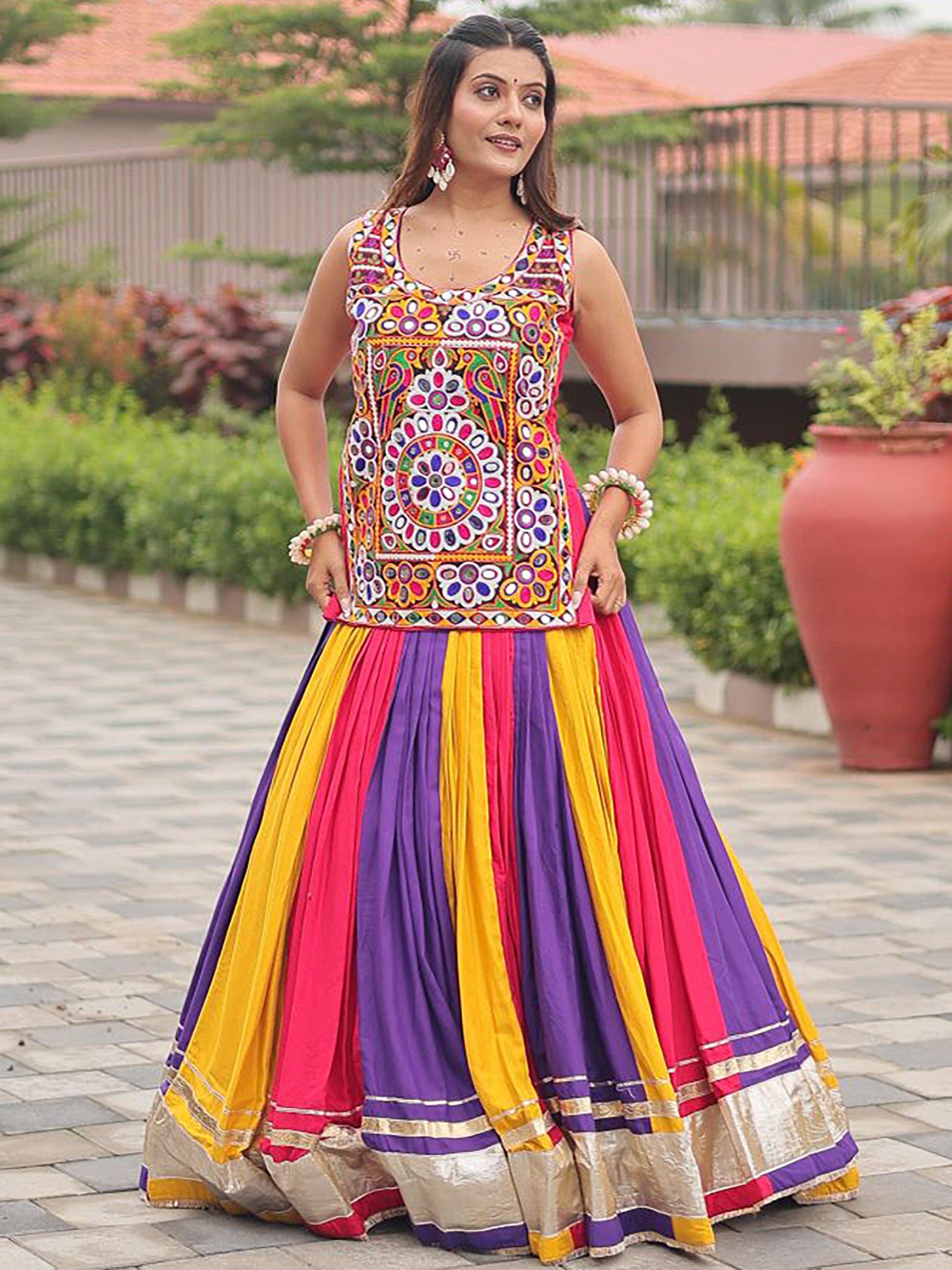 Awesome Multicolor Mirror Work Cotton Navratri Wear Lehenga Choli 
