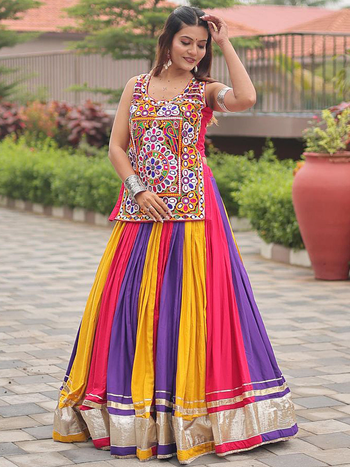 Awesome Multicolor Mirror Work Cotton Navratri Wear Lehenga Choli 
