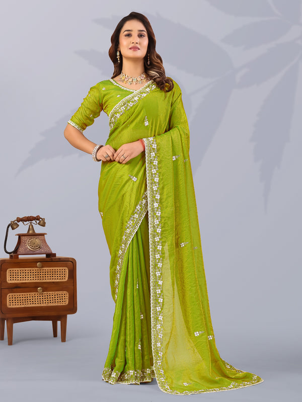 Elegant Pista Green Sequins Work Silk Wedding Wear Saree
