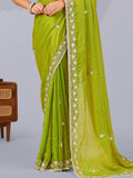 Elegant Pista Green Sequins Work Silk Wedding Wear Saree