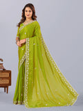 Elegant Pista Green Sequins Work Silk Wedding Wear Saree
