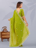 Elegant Pista Green Sequins Work Silk Wedding Wear Saree