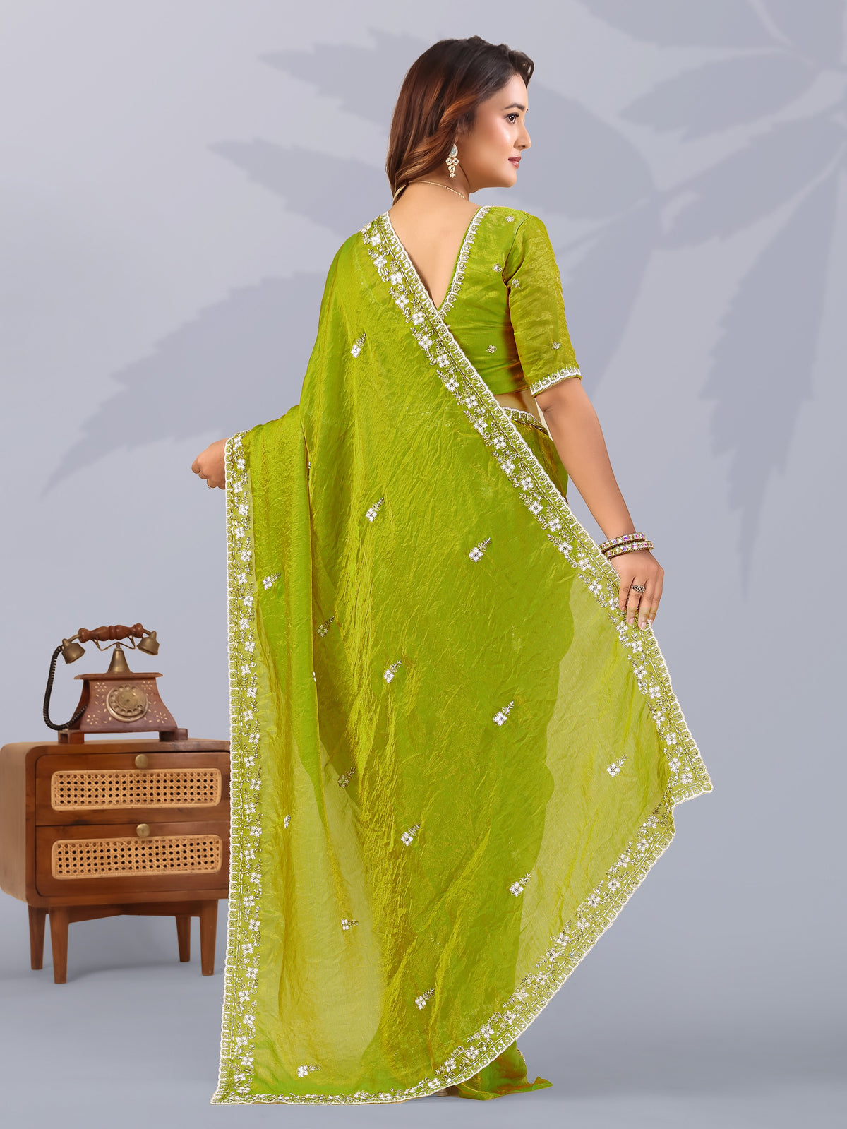 Elegant Pista Green Sequins Work Silk Wedding Wear Saree