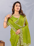 Elegant Pista Green Sequins Work Silk Wedding Wear Saree