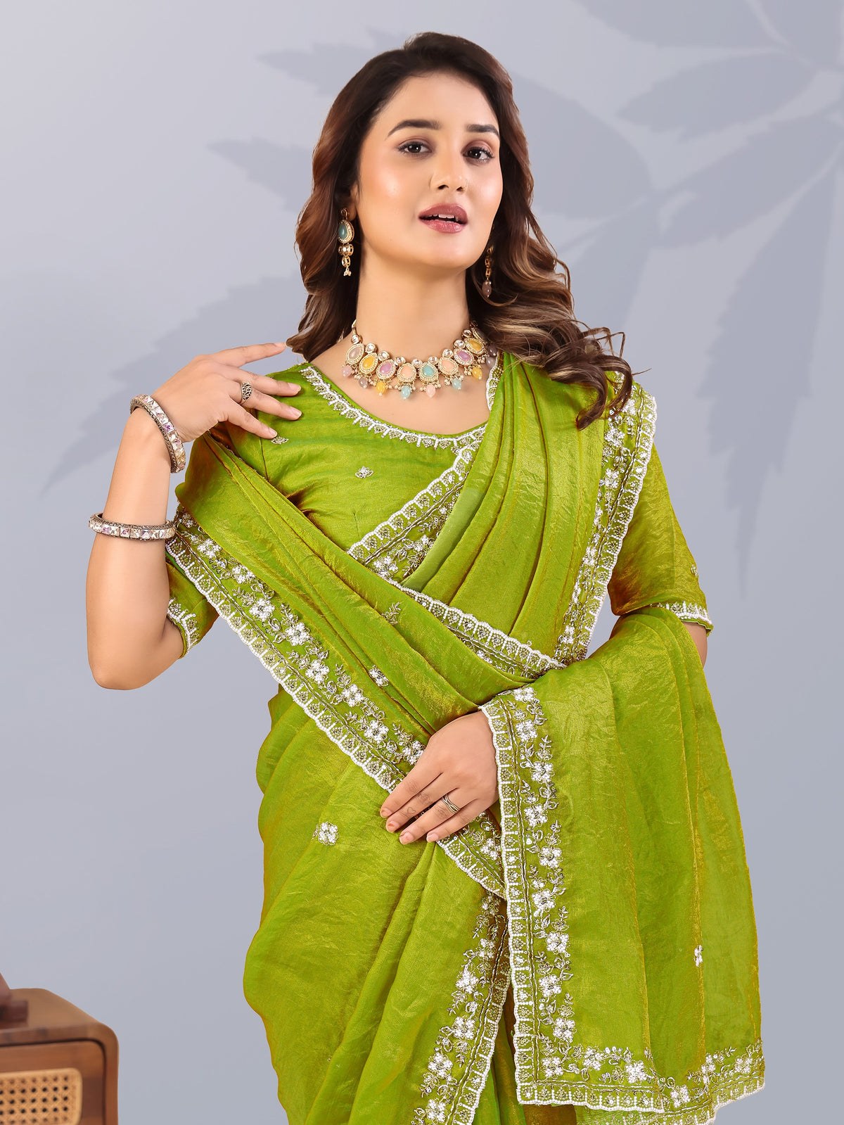 Elegant Pista Green Sequins Work Silk Wedding Wear Saree