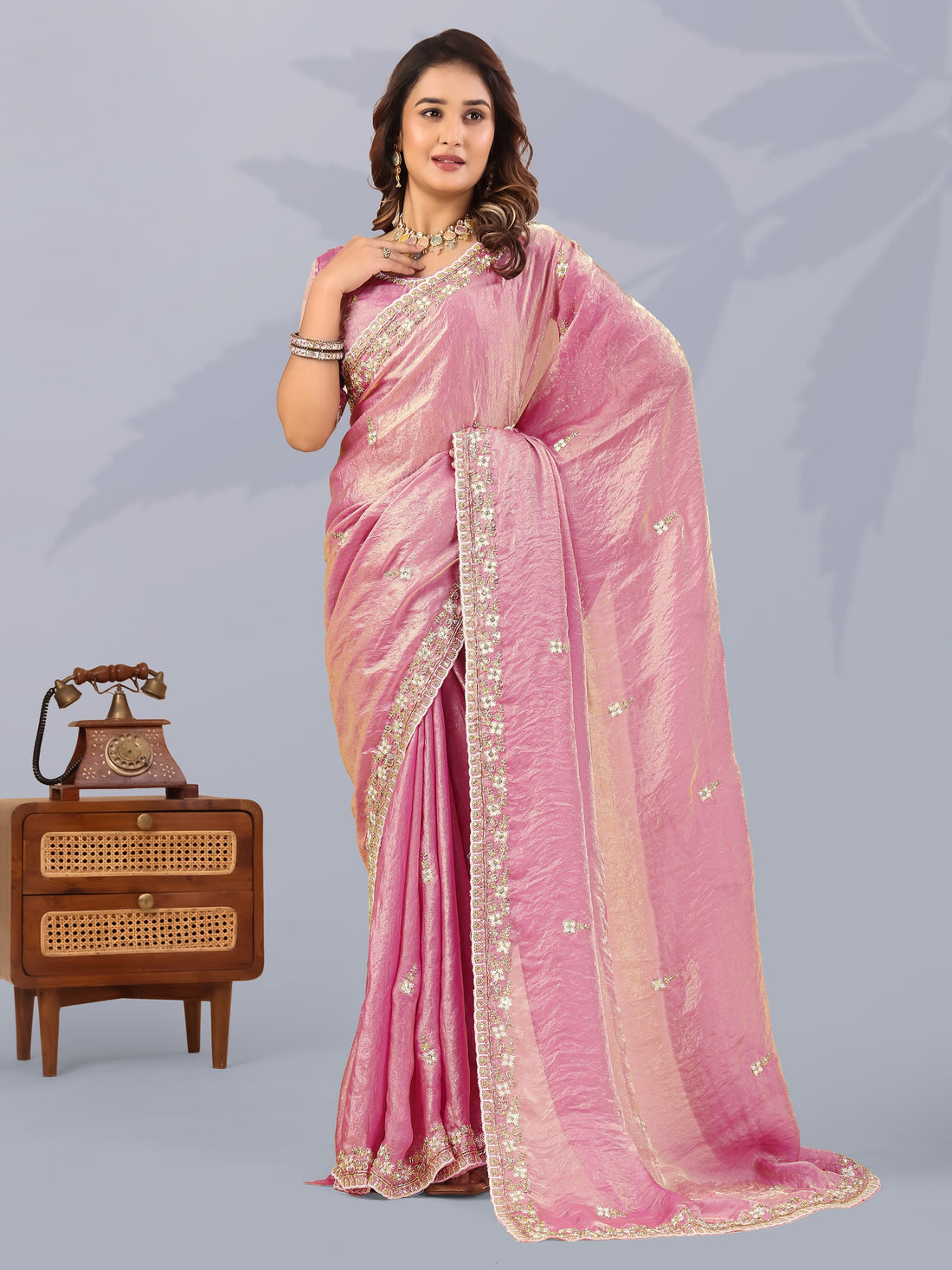 Graceful Pink Sequins Work Silk Wedding Wear Saree With Blouse