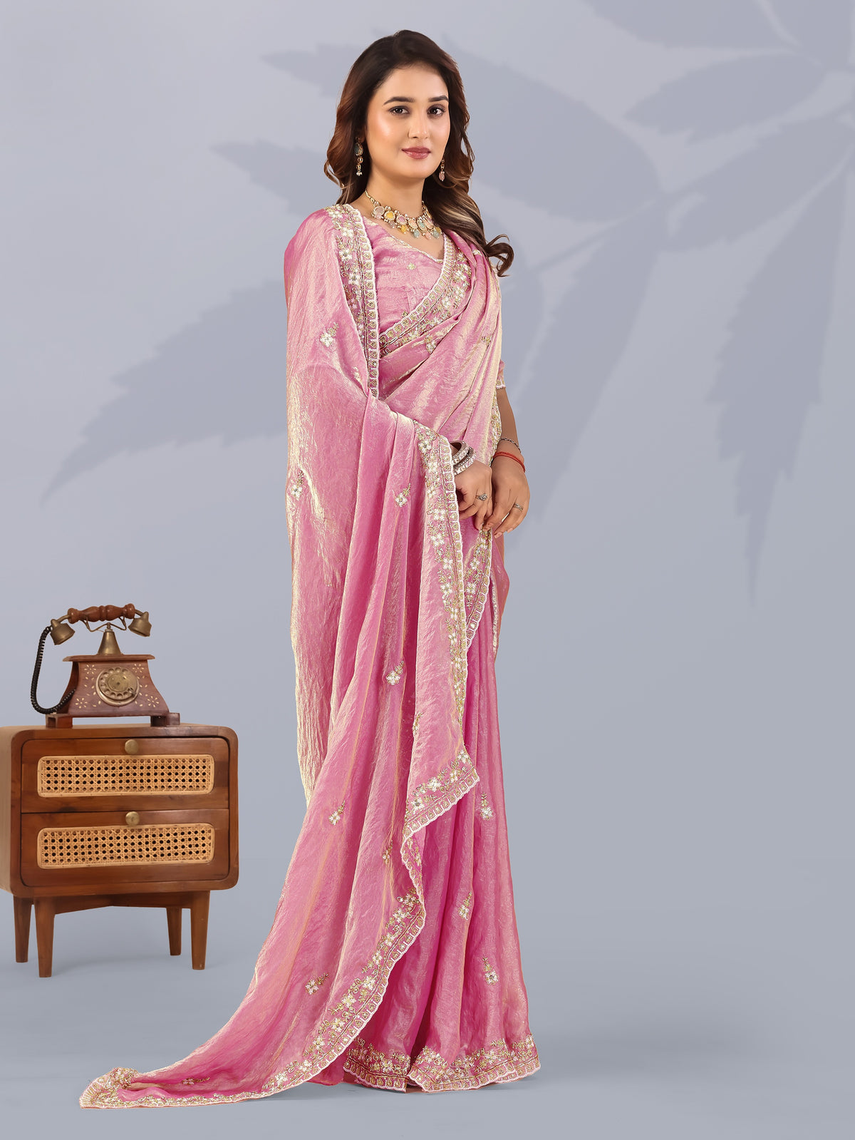 Graceful Pink Sequins Work Silk Wedding Wear Saree With Blouse
