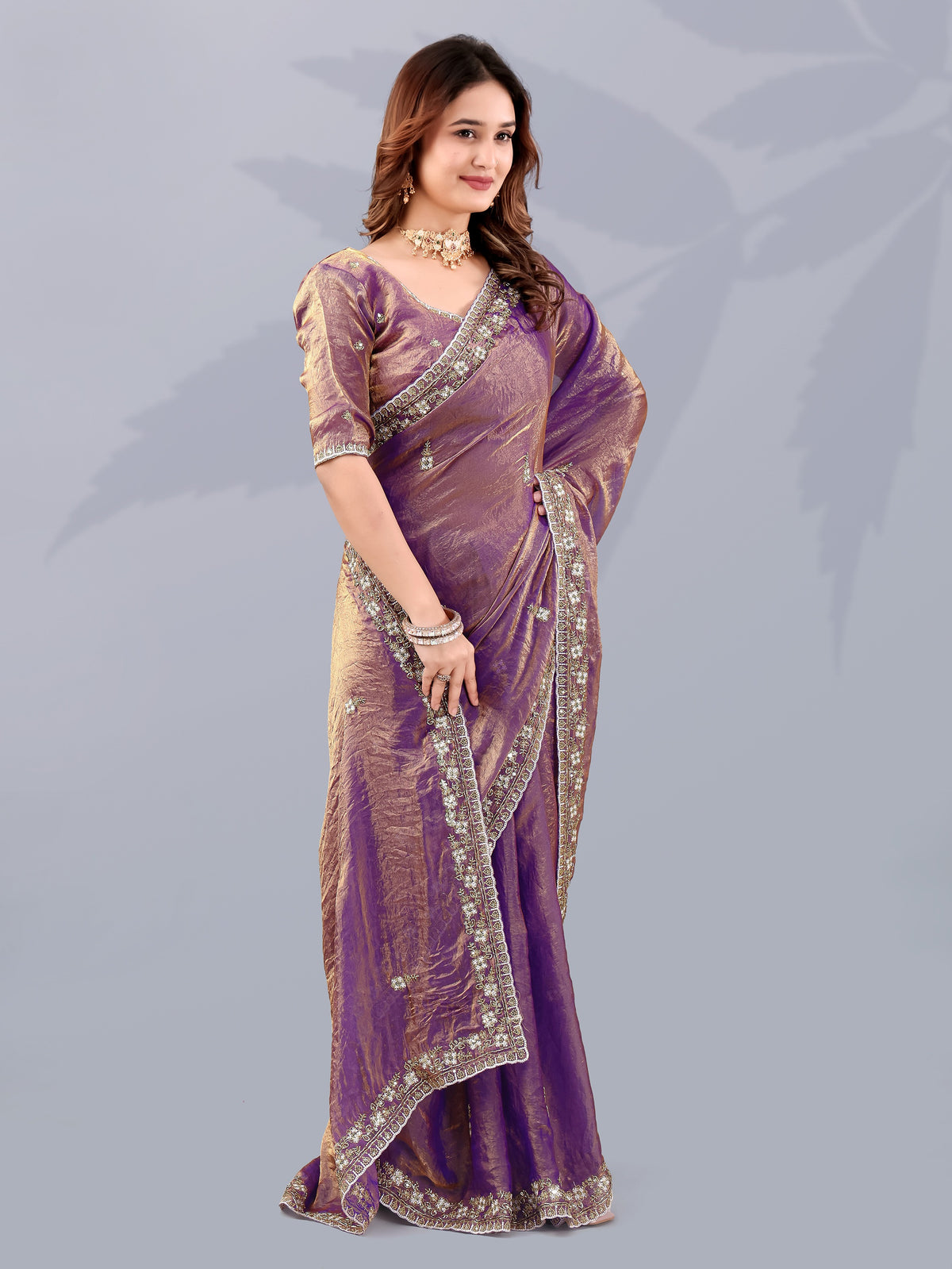 Majestic Purple Sequins Work Silk Wedding Wear Saree With Blouse