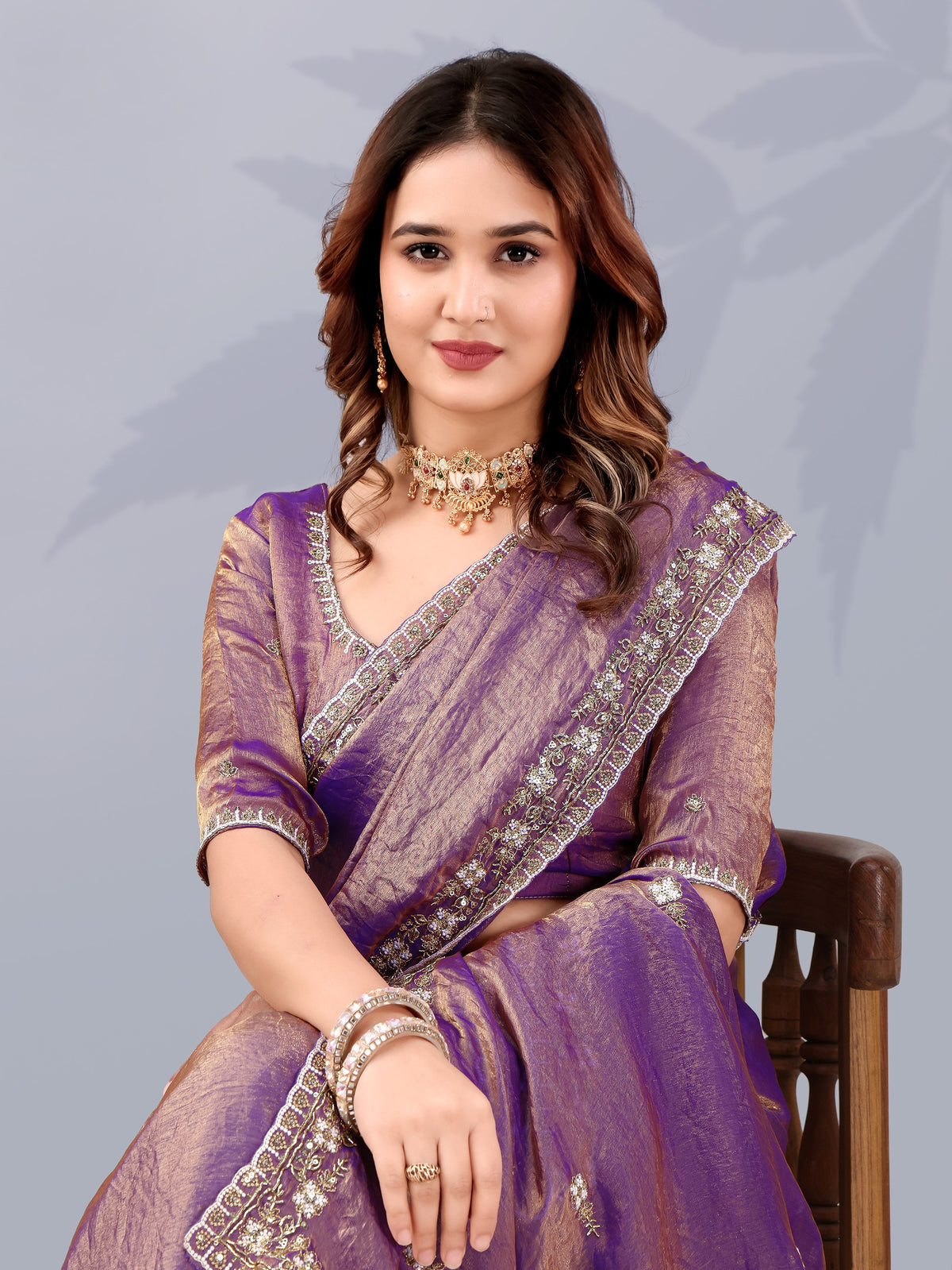 Majestic Purple Sequins Work Silk Wedding Wear Saree With Blouse