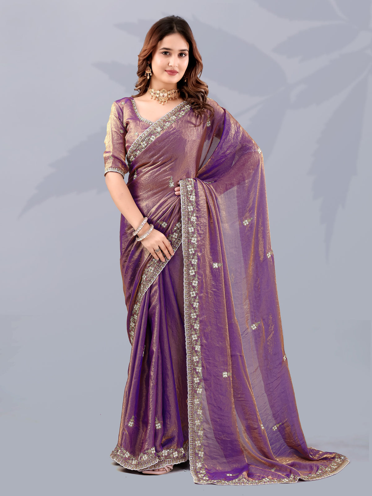 Majestic Purple Sequins Work Silk Wedding Wear Saree With Blouse