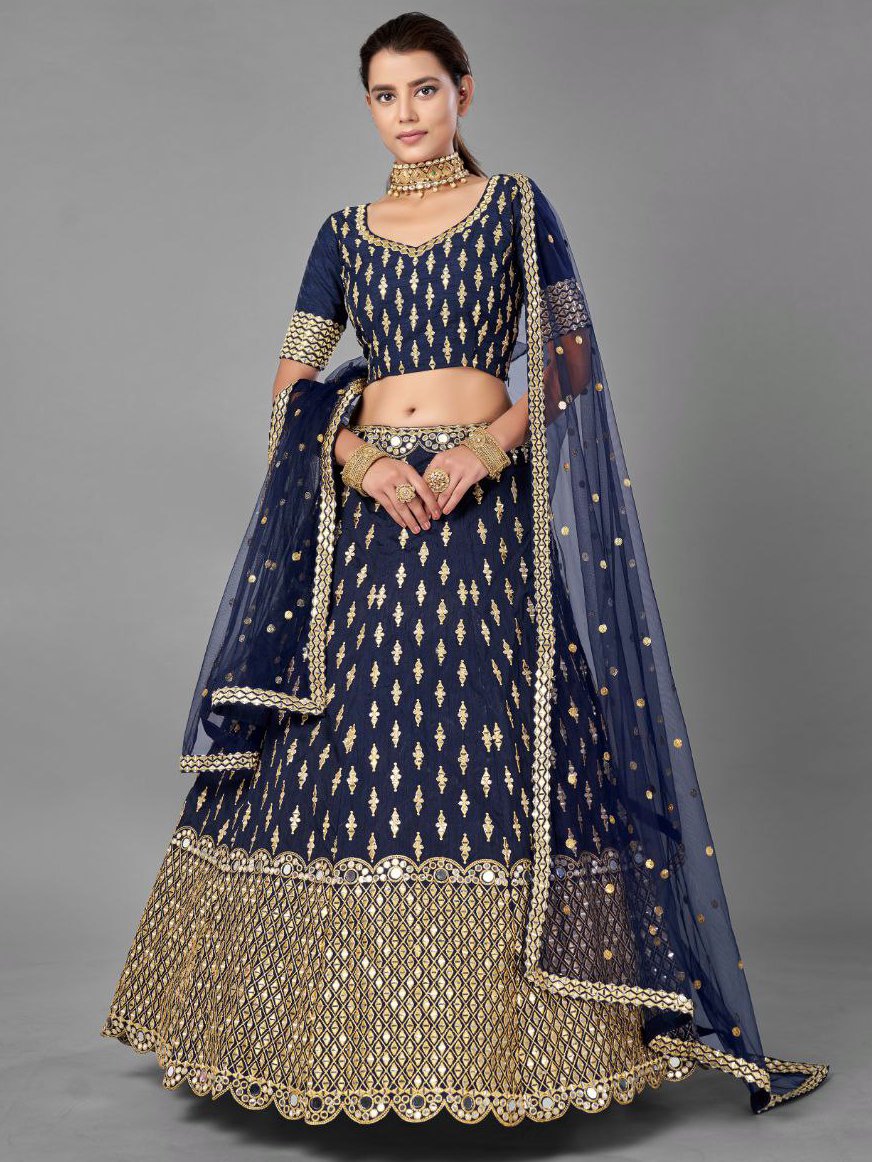 Stunning Navy Blue Foil Mirror Work Silk Party Wear Lehenga Choli With Dupatta