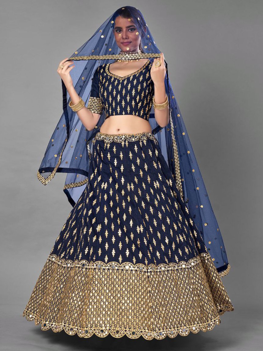 Stunning Navy Blue Foil Mirror Work Silk Party Wear Lehenga Choli With Dupatta