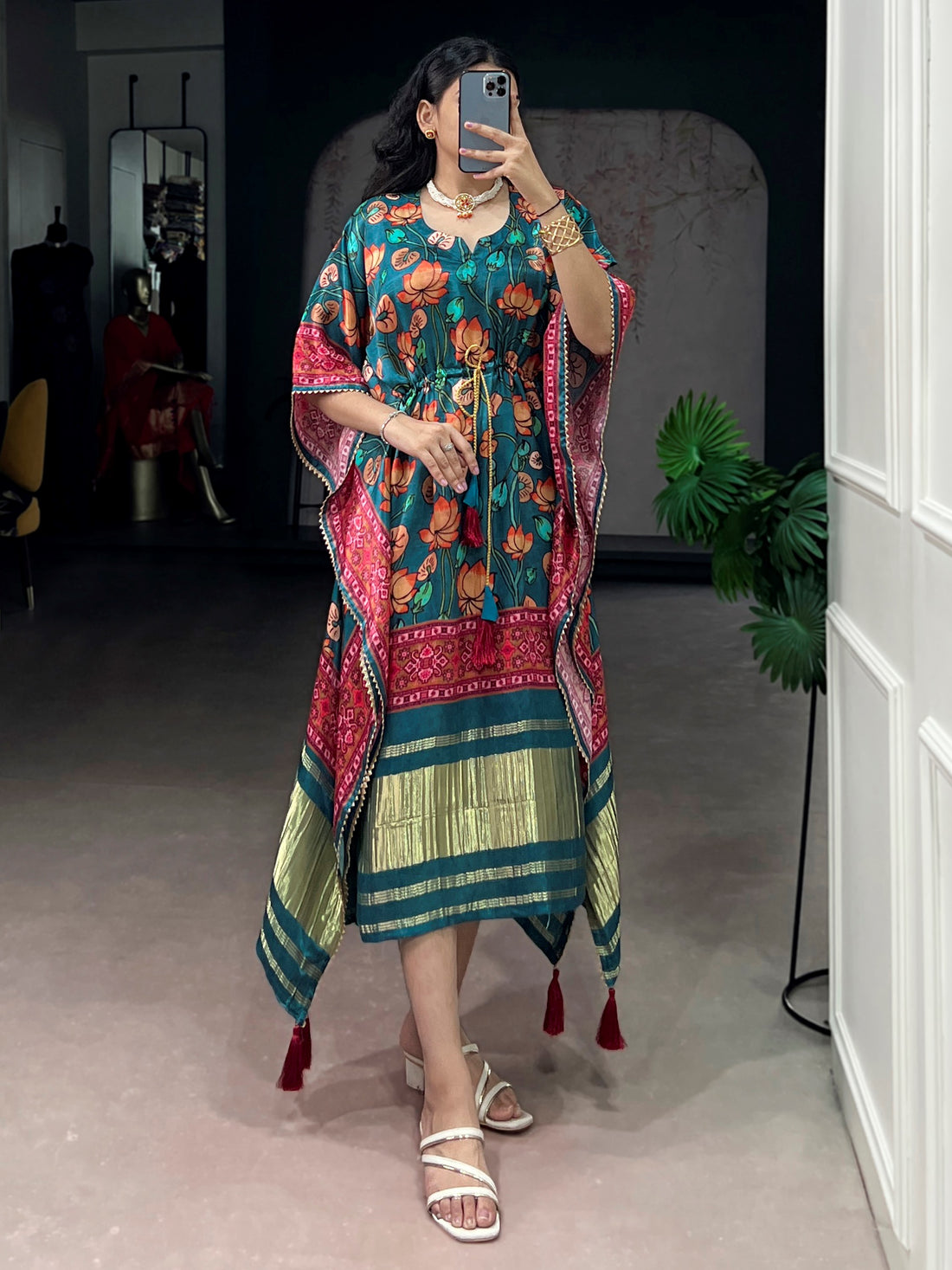 Charming Teal Green Gota Patti Gaji Silk Event Wear  Kaftan