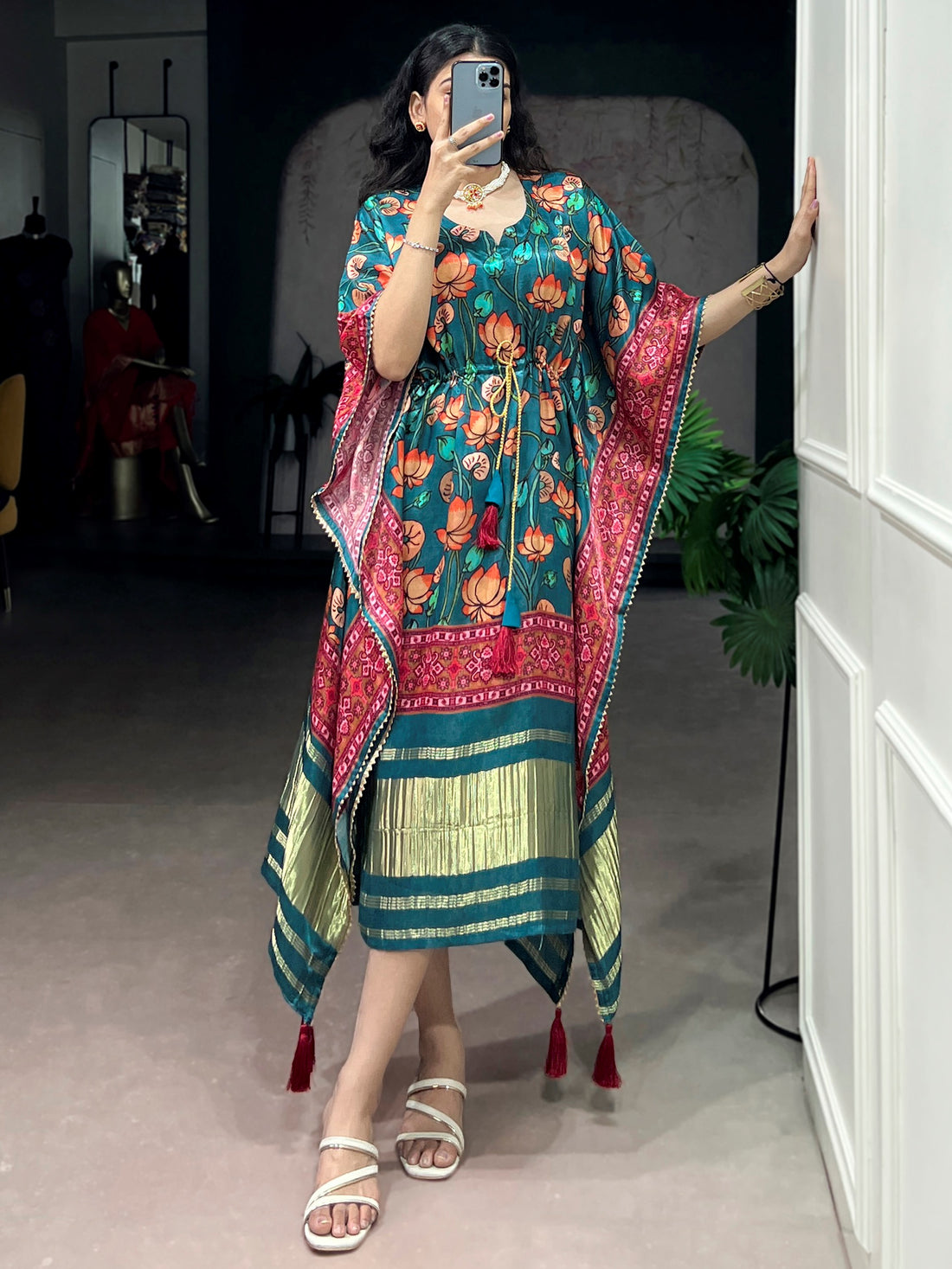 Charming Teal Green Gota Patti Gaji Silk Event Wear  Kaftan