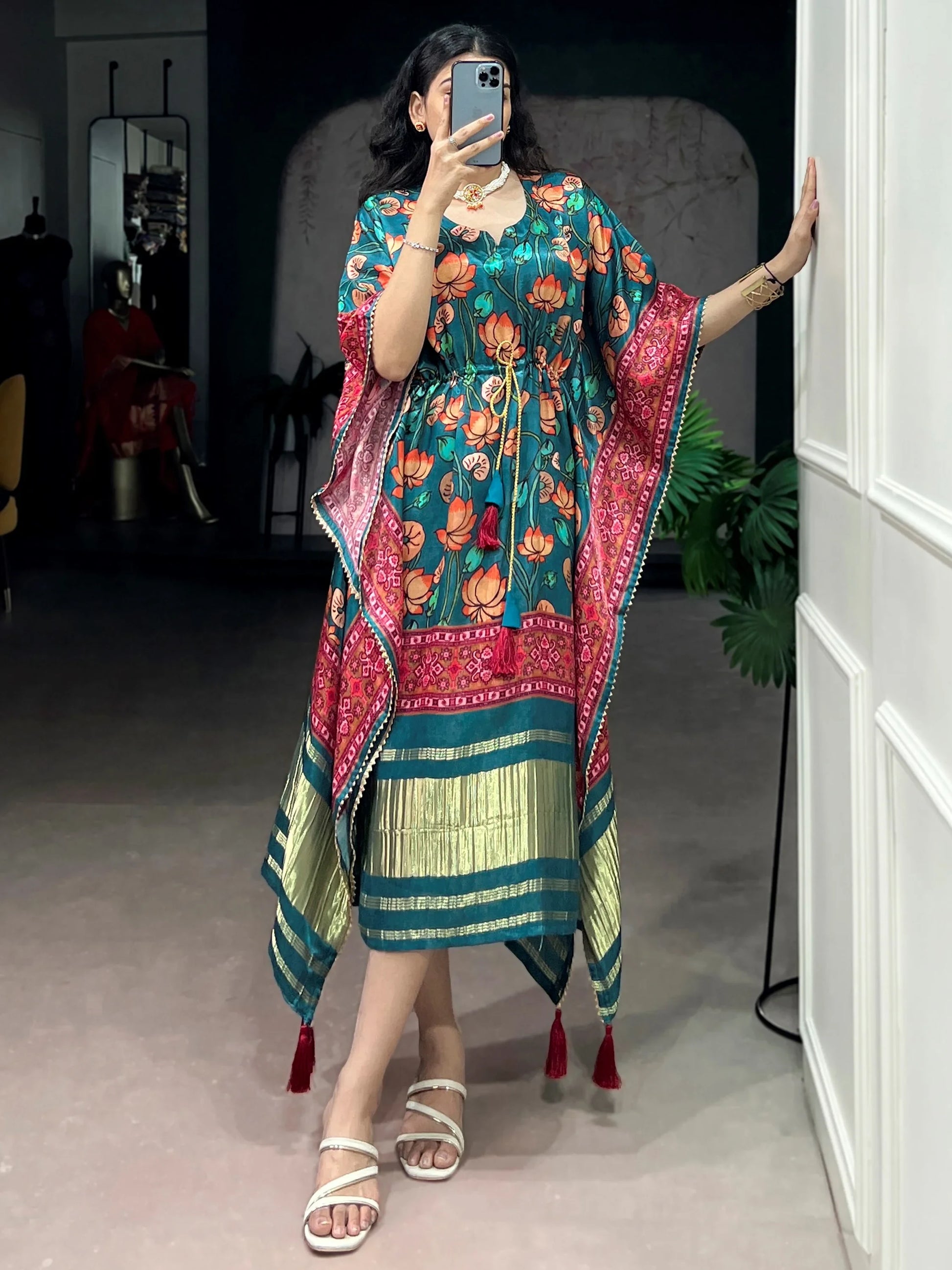Charming Teal Green Gota Patti Gaji Silk Event Wear  Kaftan