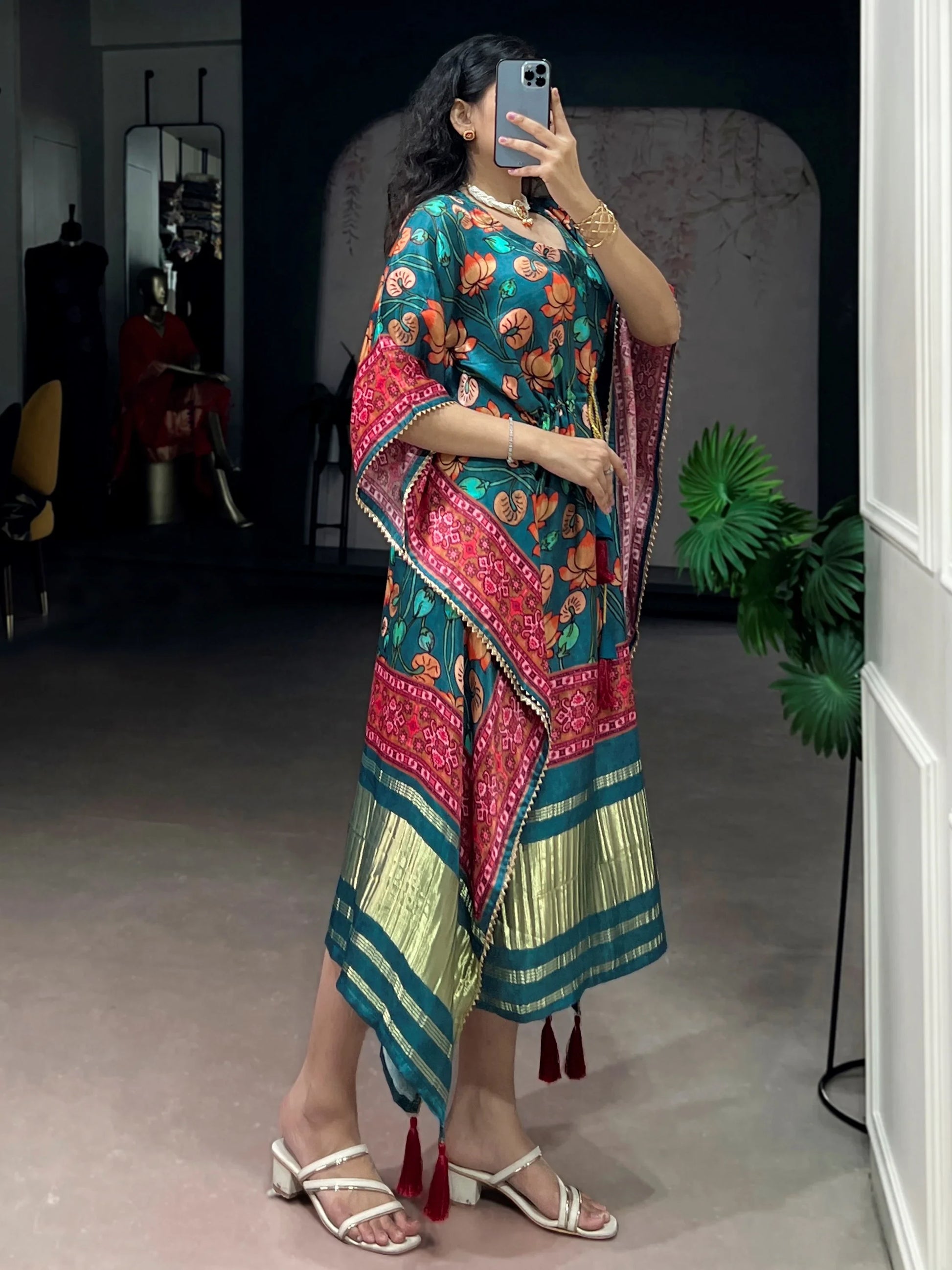 Charming Teal Green Gota Patti Gaji Silk Event Wear  Kaftan