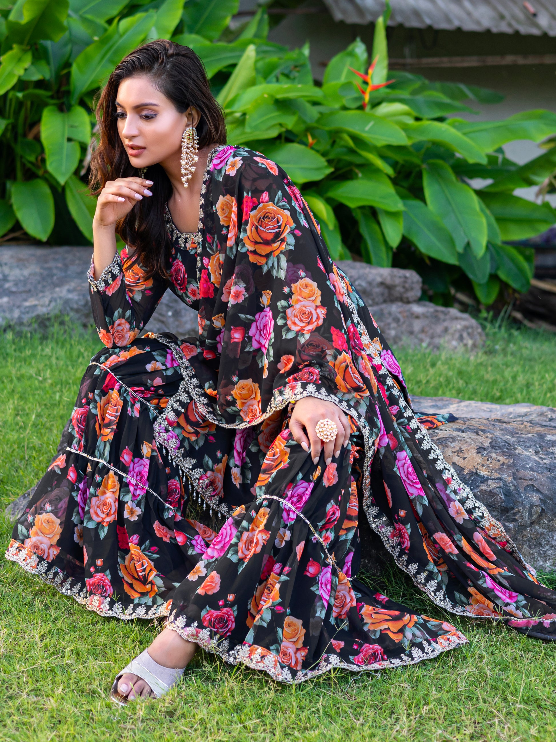 Marvelous Black Floral Printed Georgette Event Wear Sharara Suit 