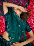 Beautiful Teal Green Thread Embroidered Net Wedding Lehenga Choli With Dupatta
