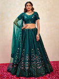 Beautiful Teal Green Thread Embroidered Net Wedding Lehenga Choli With Dupatta