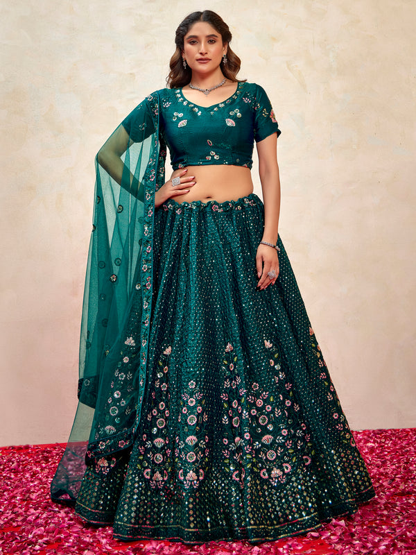 Beautiful Teal Green Thread Embroidered Net Wedding Lehenga Choli With Dupatta