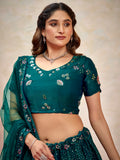 Beautiful Teal Green Thread Embroidered Net Wedding Lehenga Choli With Dupatta