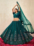 Beautiful Teal Green Thread Embroidered Net Wedding Lehenga Choli With Dupatta