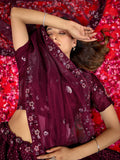 Ravishing Wine Thread Embroidered Net Reception Wear Lehenga Choli With Dupatta