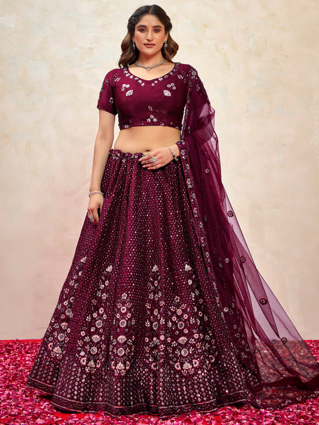 Ravishing Wine Thread Embroidered Net Reception Wear Lehenga Choli With Dupatta