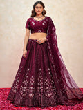 Ravishing Wine Thread Embroidered Net Reception Wear Lehenga Choli With Dupatta