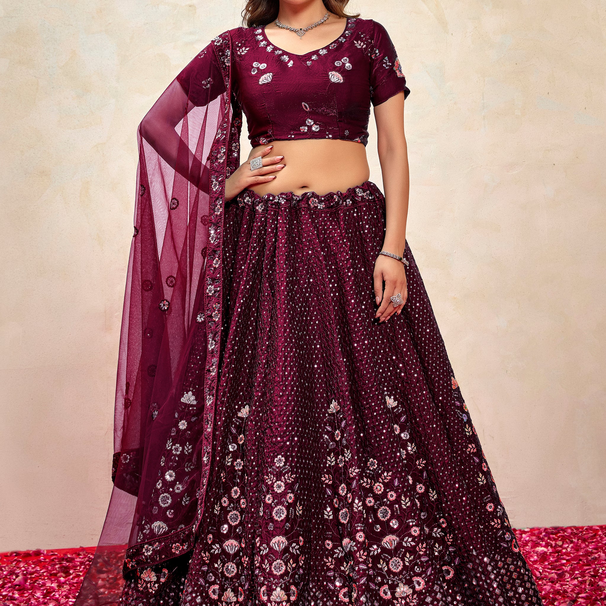 Ravishing Wine Thread Embroidered Net Reception Wear Lehenga Choli With Dupatta