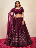 Ravishing Wine Thread Embroidered Net Reception Wear Lehenga Choli With Dupatta