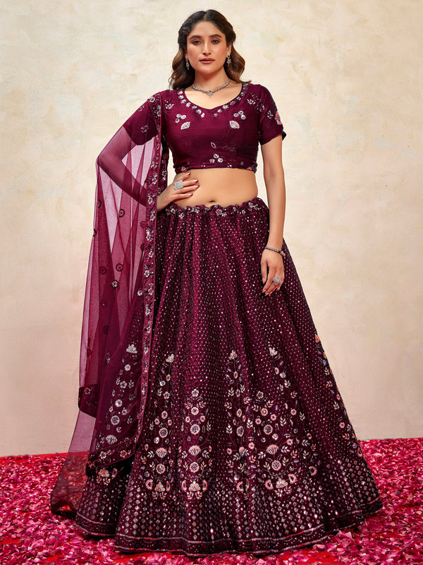 Ravishing Wine Thread Embroidered Net Reception Wear Lehenga Choli With Dupatta
