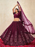 Ravishing Wine Thread Embroidered Net Reception Wear Lehenga Choli With Dupatta