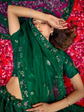 Stunning Green Thread Embroidered Net Mehendi Wear Lehenga Choli With Dupatta
