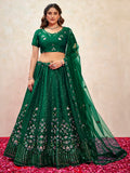 Stunning Green Thread Embroidered Net Mehendi Wear Lehenga Choli With Dupatta