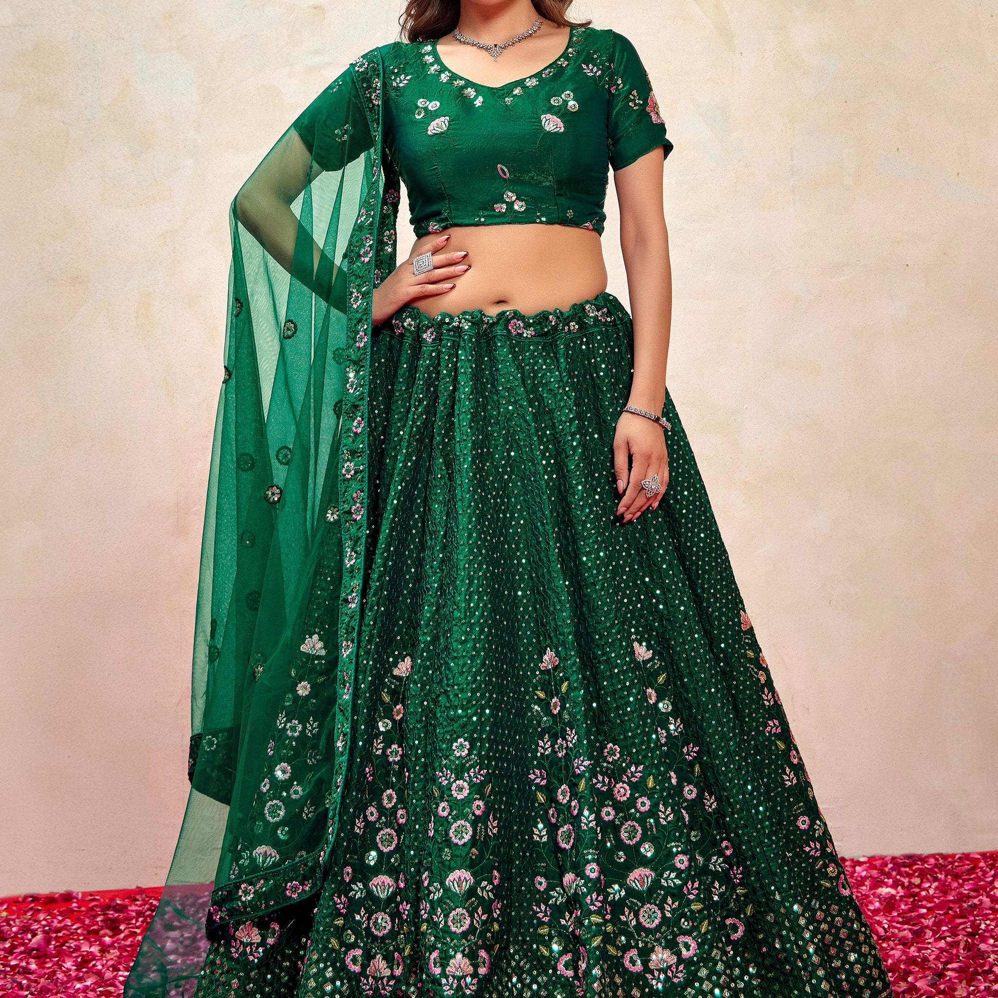 Stunning Green Thread Embroidered Net Mehendi Wear Lehenga Choli With Dupatta