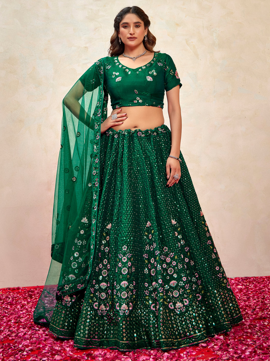 Stunning Green Thread Embroidered Net Mehendi Wear Lehenga Choli With Dupatta