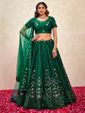 Stunning Green Thread Embroidered Net Mehendi Wear Lehenga Choli With Dupatta