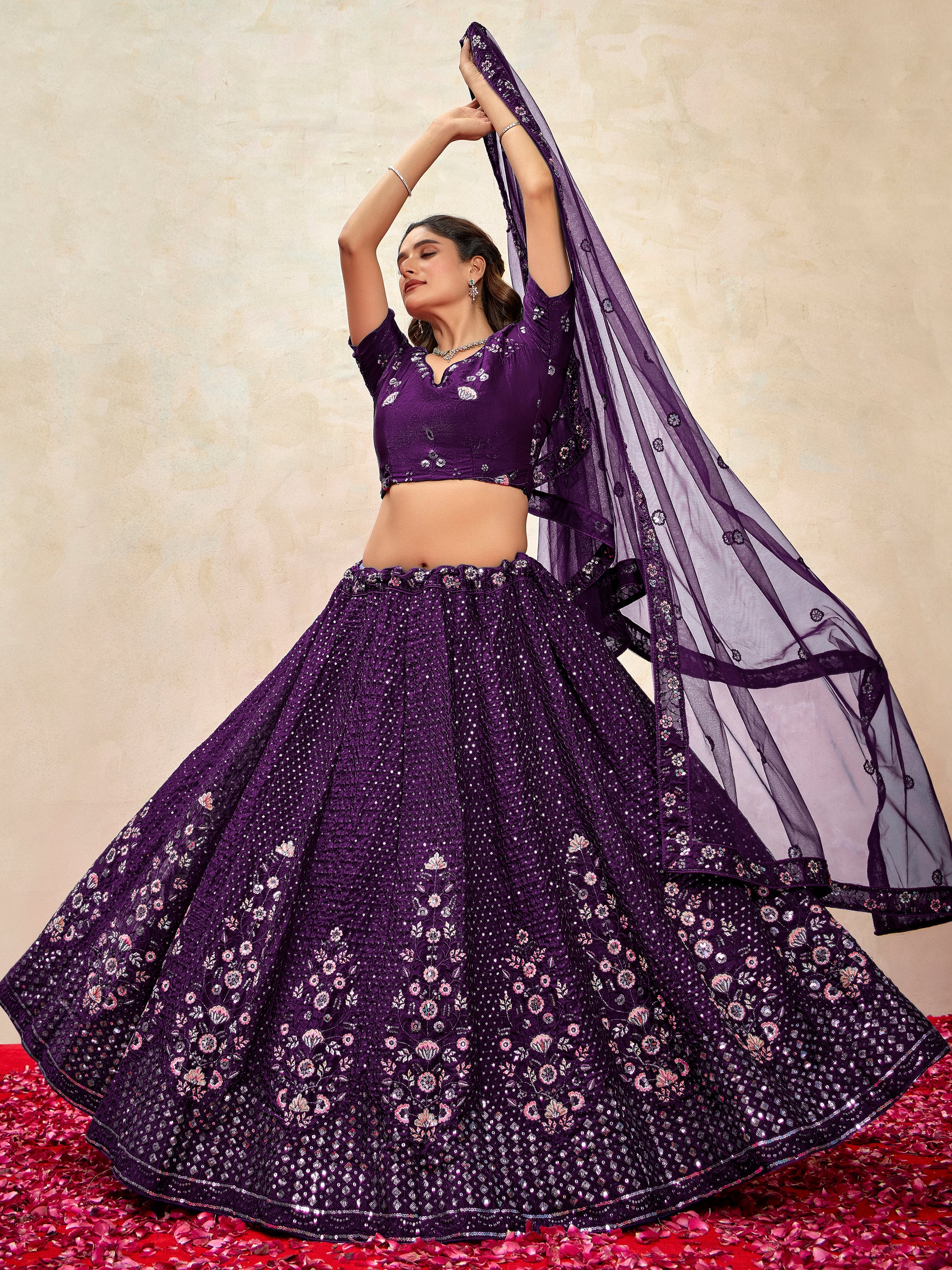 Marvelous Violet Thread Embroidered Net Wedding Wear Lehenga Choli