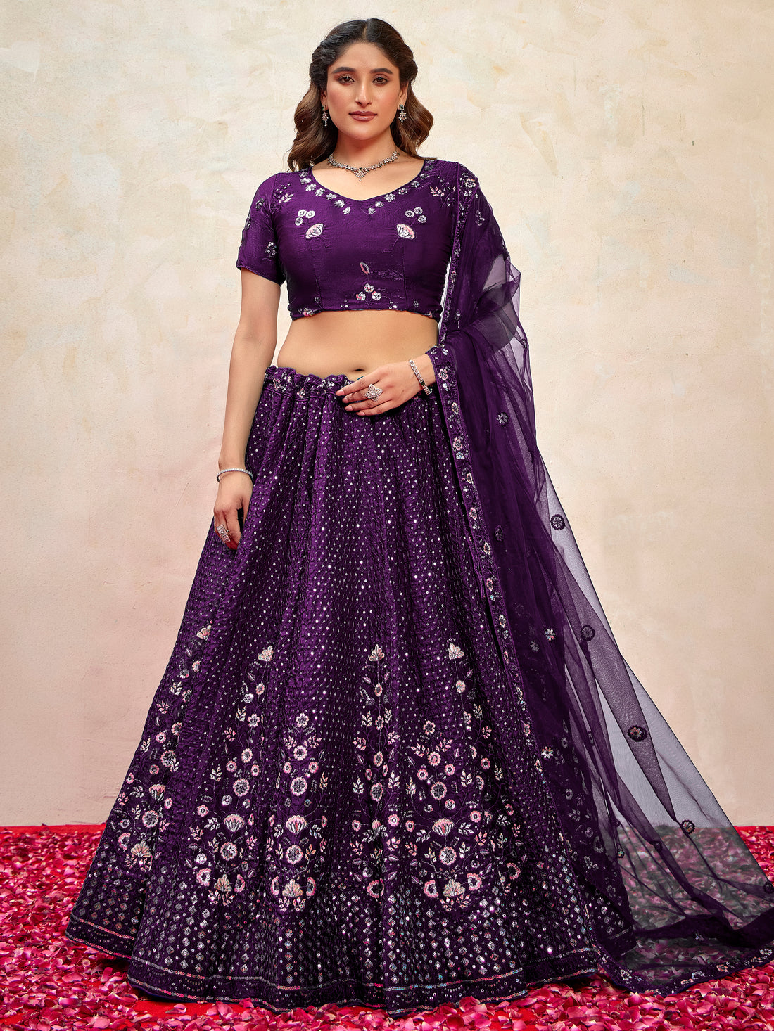 Marvelous Violet Thread Embroidered Net Wedding Wear Lehenga Choli