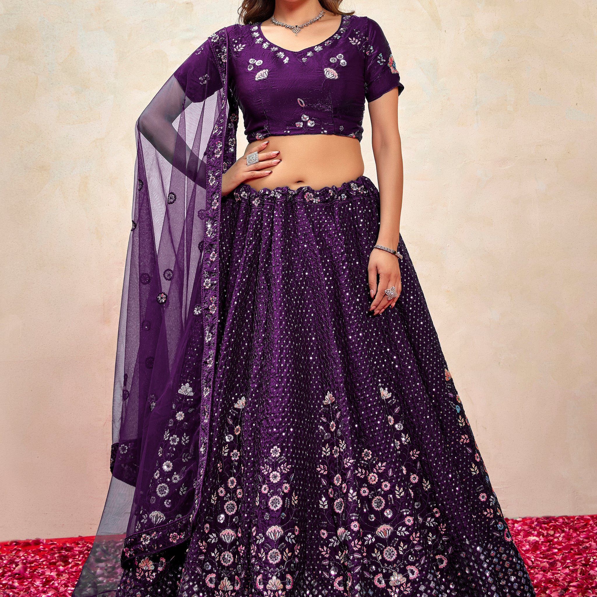 Marvelous Violet Thread Embroidered Net Wedding Wear Lehenga Choli