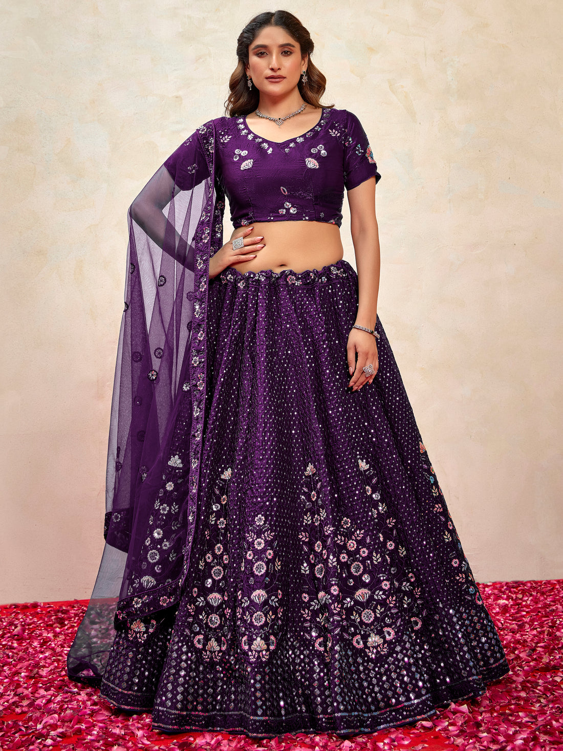 Marvelous Violet Thread Embroidered Net Wedding Wear Lehenga Choli