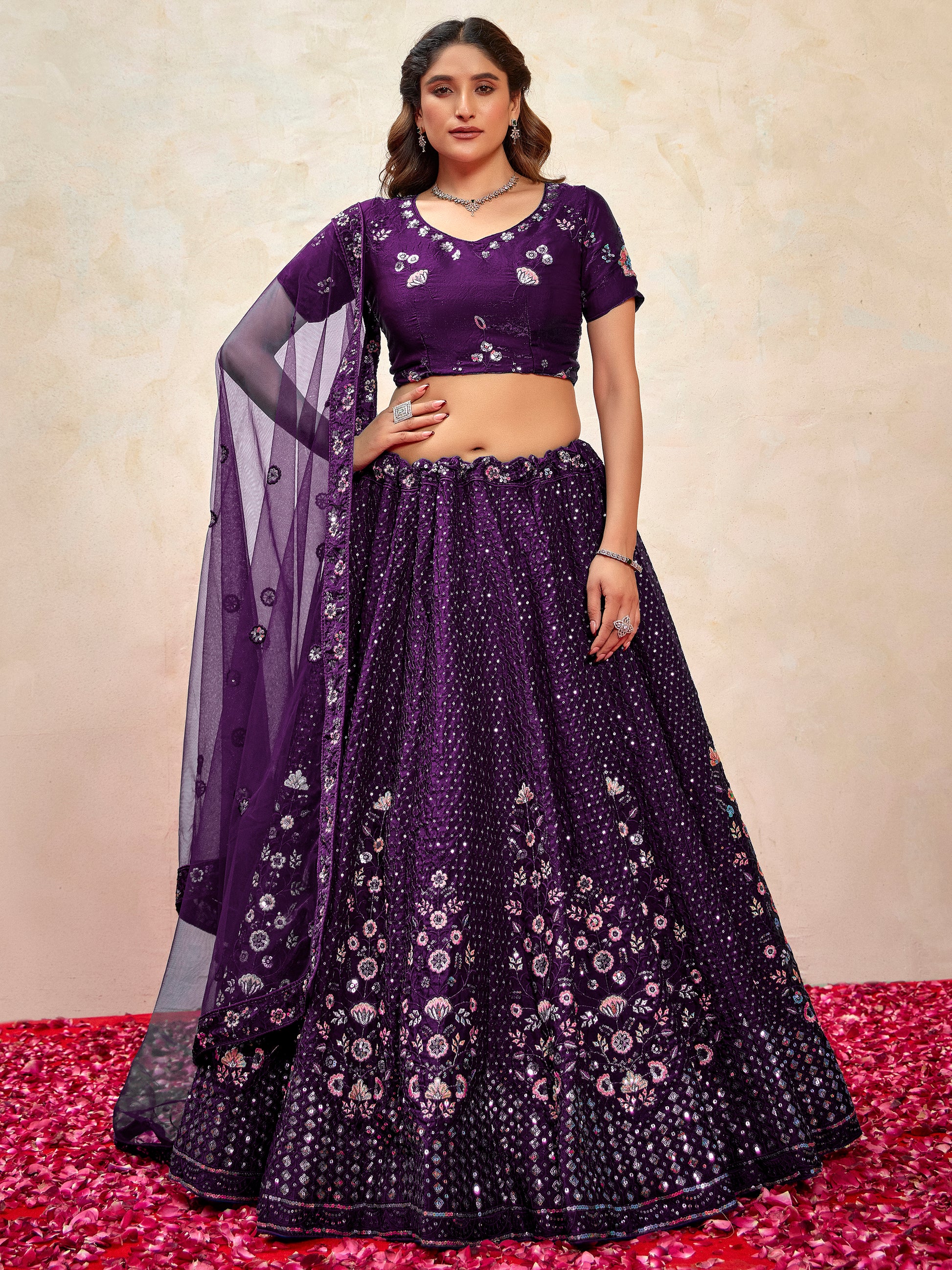 Marvelous Violet Thread Embroidered Net Wedding Wear Lehenga Choli