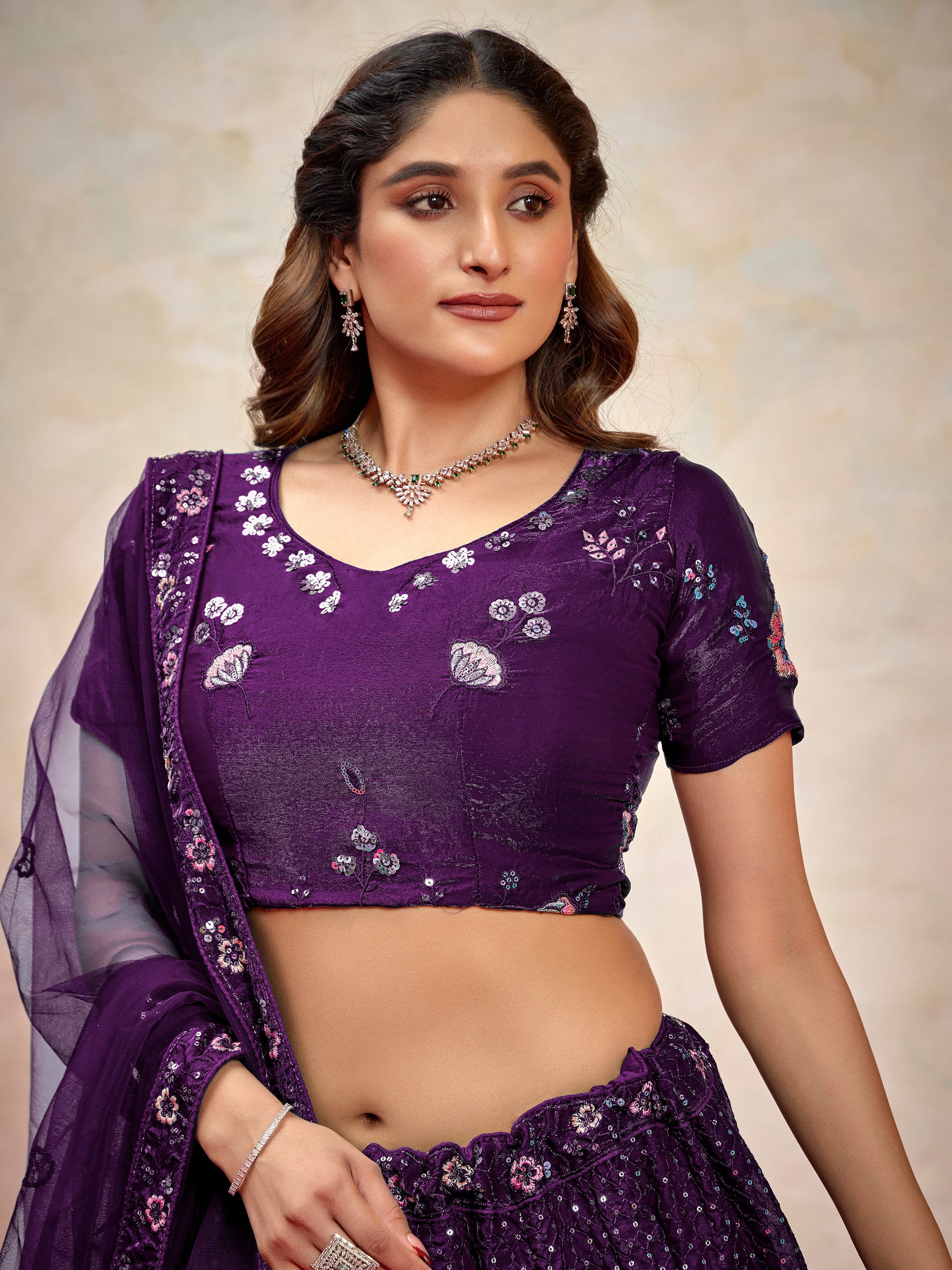 Marvelous Violet Thread Embroidered Net Wedding Wear Lehenga Choli