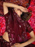 Gorgeous Maroon Thread Embroidered Net Wedding Wear Lehenga Choli With Dupatta