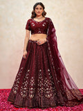 Gorgeous Maroon Thread Embroidered Net Wedding Wear Lehenga Choli With Dupatta