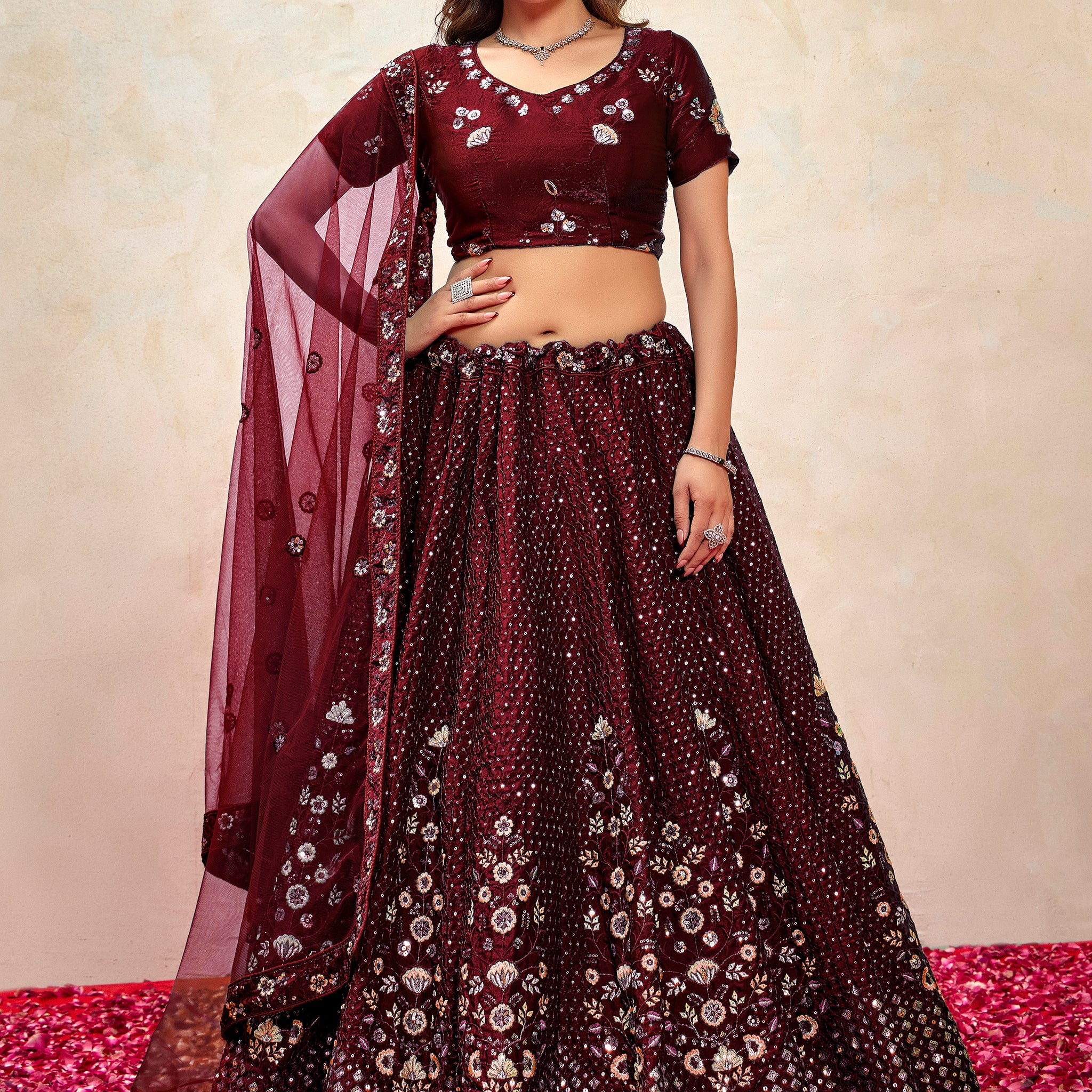 Gorgeous Maroon Thread Embroidered Net Wedding Wear Lehenga Choli With Dupatta