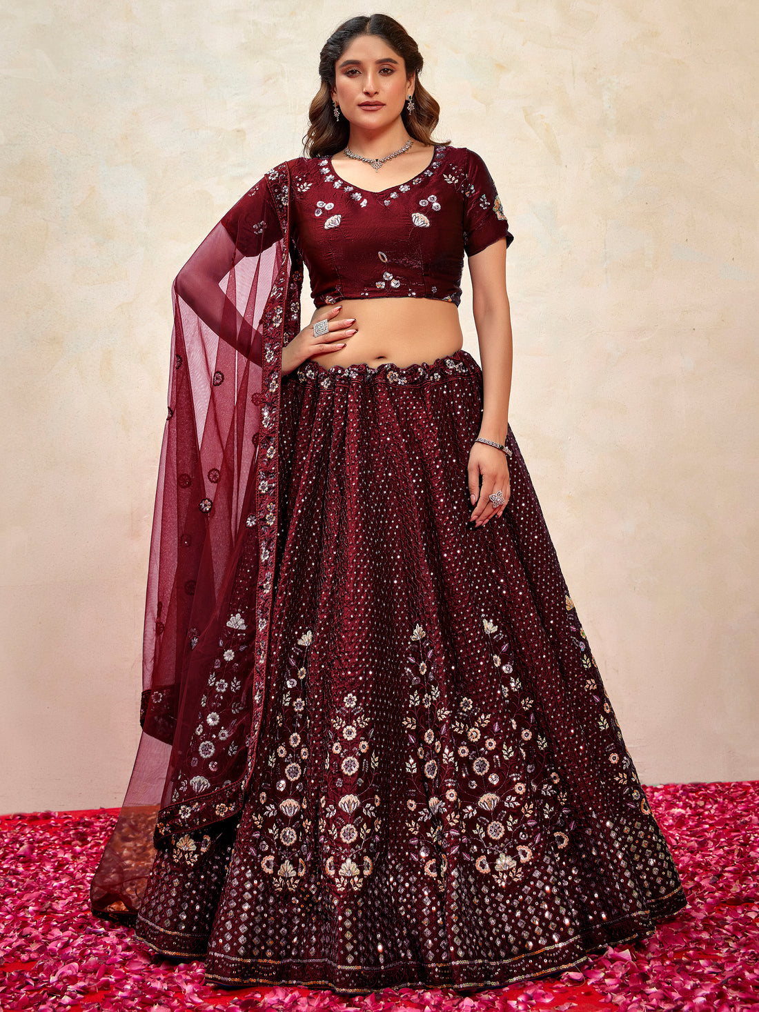 Gorgeous Maroon Thread Embroidered Net Wedding Wear Lehenga Choli With Dupatta